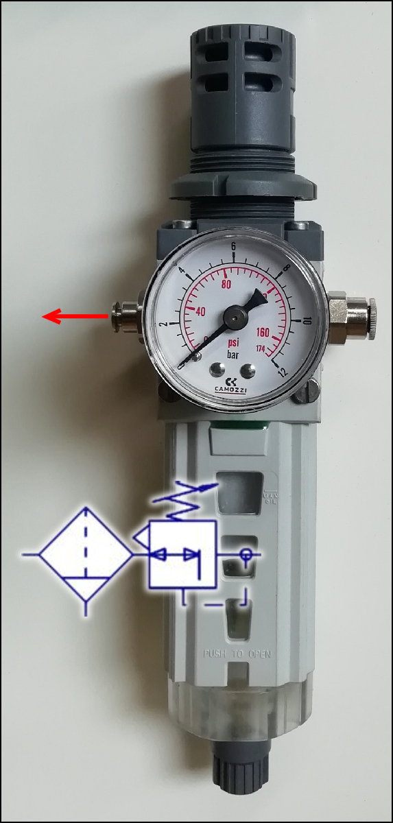 Regulador 0,5 a 10 bar con filtro 25 micras, conexión 1/4 pulg  MD1-FR000-1/4 con manómetro y purga