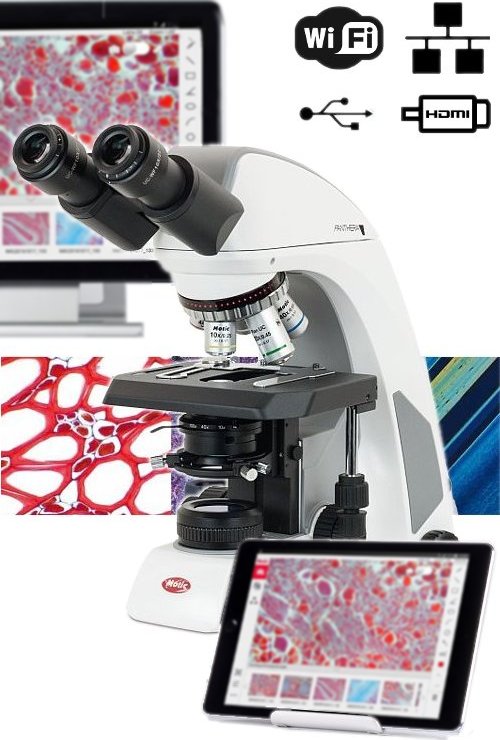 Microscopio ergonómico Binocular c/Optica Plana, Cámara Digital Incorporada, difusión WiFi/Ethernet y procesos embebidos Panthera Cloud